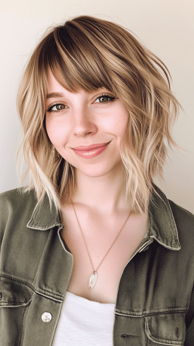 Side-swept bangs with layered lob haircut