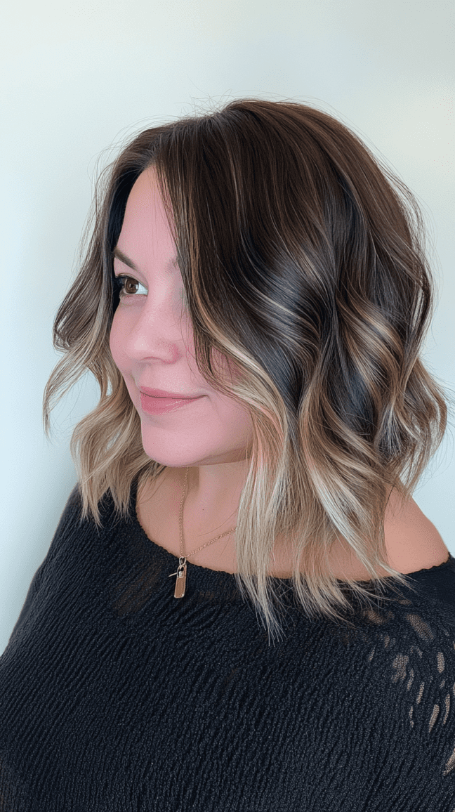 Curly lob with face-framing highlights