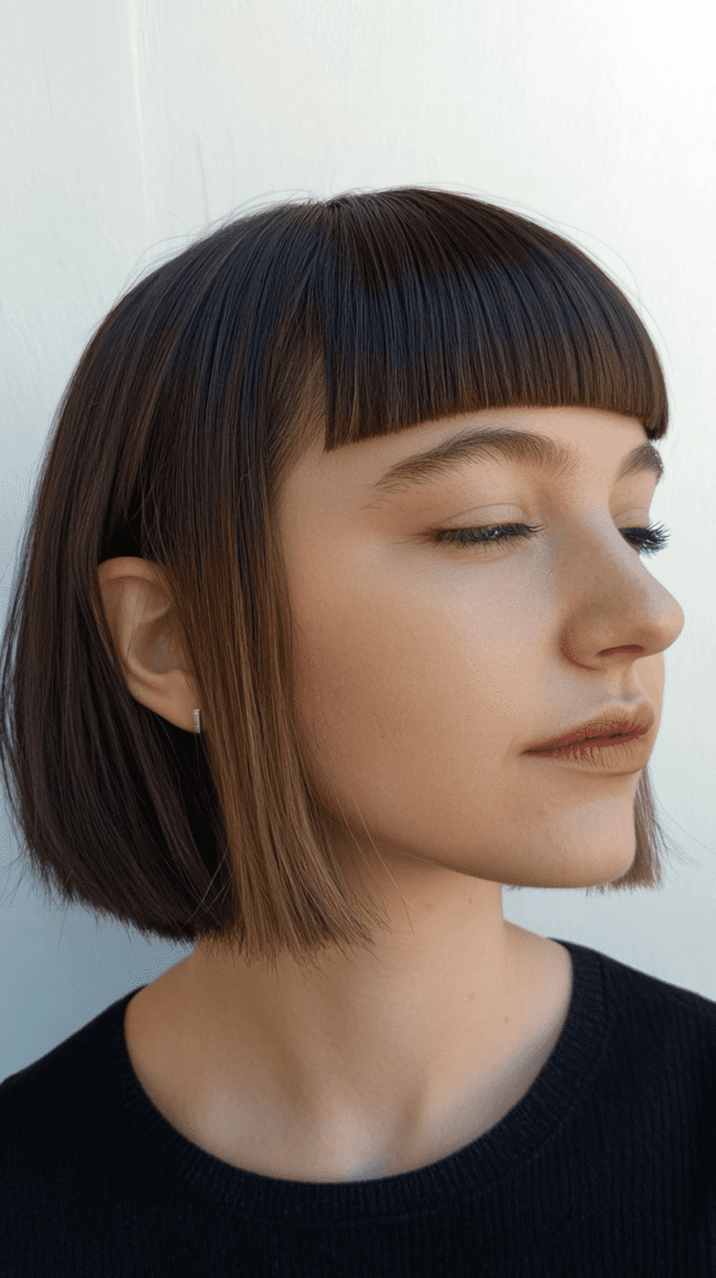 Sleek black lob with side part